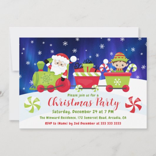 Invitation Train de Noël avec le Père Noël et l'elfe mignons (Devant)