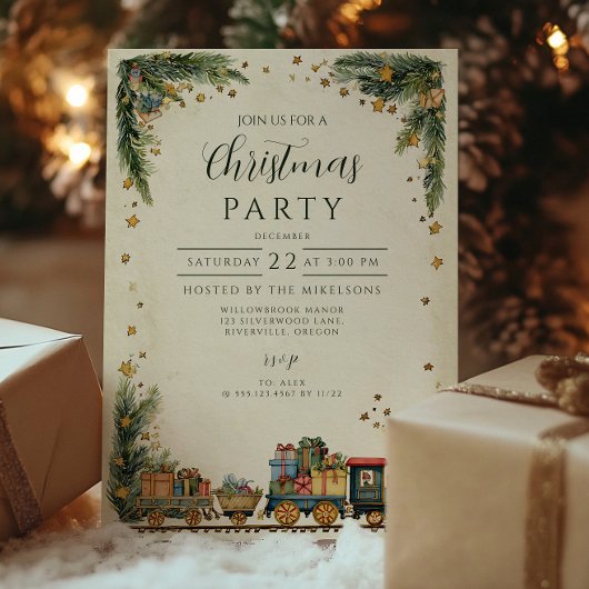 Invitation Train de Noël Vintage et Cadeaux