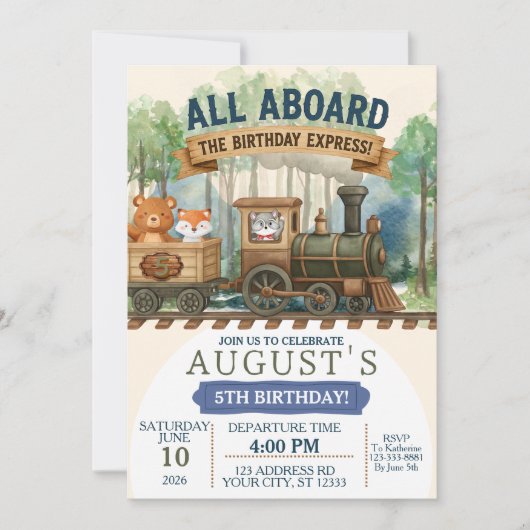 Invitation Train des Bois Aquarelle Anniversaire Express (Devant)