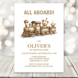 Invitation Train en bois Ourson 1er Anniversaire