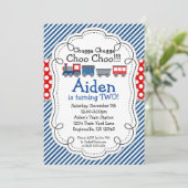 Invitation Train Engine, Blue Stripes Red Polka Point Anniver (Debout devant)