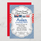 Invitation Train Engine, Blue Stripes Red Polka Point Anniver (Devant / Derrière)