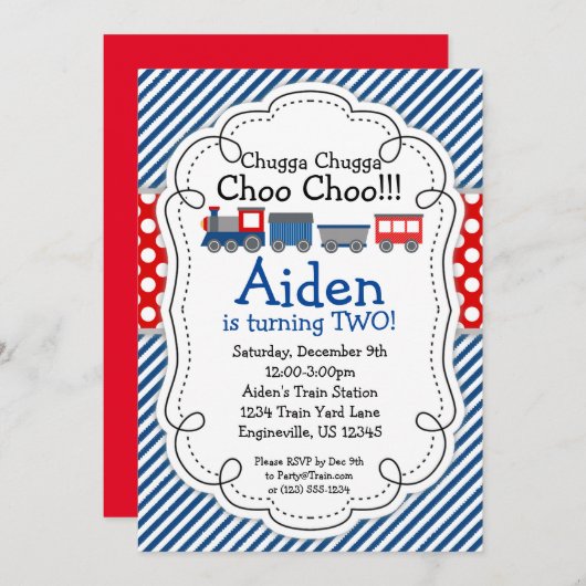 Invitation Train Engine, Blue Stripes Red Polka Point Anniver (Devant / Derrière)