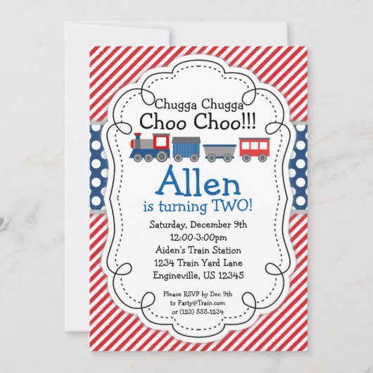 Invitation Train Engine, Red Stripes Blue Polka Dot Anniversa (Devant)
