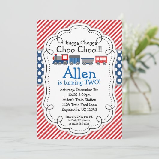Invitation Train Engine, Red Stripes Blue Polka Dot Anniversa (Debout devant)