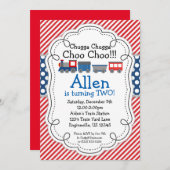 Invitation Train Engine, Red Stripes Blue Polka Dot Anniversa (Devant / Derrière)