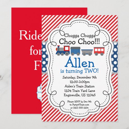 Invitation Train Engine, Red Stripes Blue Polka Dot Anniversa (Devant / Derrière)