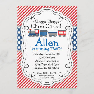Invitation Train Engine, Red Stripes Blue Polka Dot Anniversa