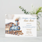 Invitation Train fête d'anniversaire vintage bleu garçon (Debout devant)