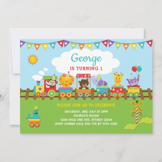 Invitation Train Jungle Animaux 1er anniversaire Safari Wild  (Devant)