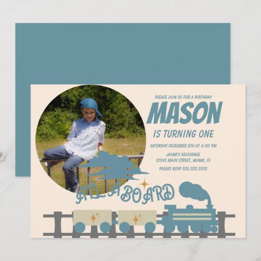 Invitation Train Rétro Fête d'anniversaire Enfants Terre  Pho (Devant / Derrière)