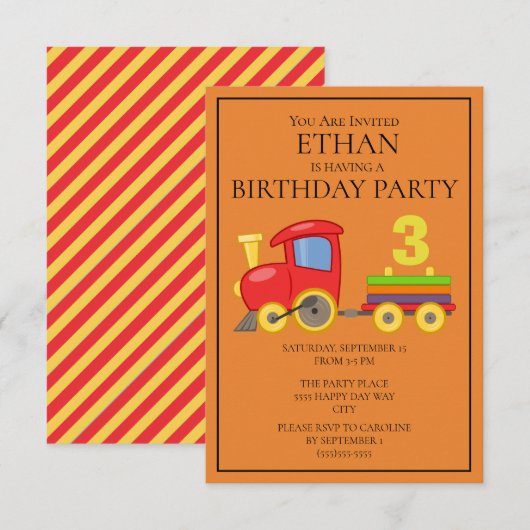Invitation Train Rouge Jaune Orange Fête d'anniversaire d'enf (Devant / Derrière)