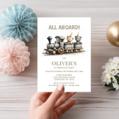Invitation Train Teddy Bear en Bois Rustique pour 1er Anniver