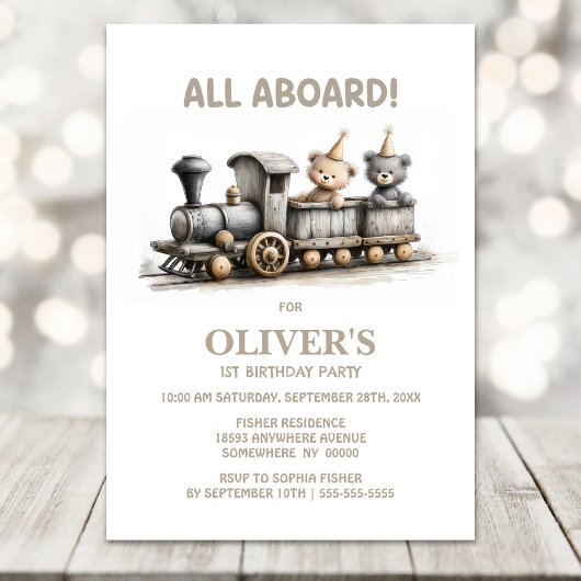 Invitation Train Teddy Bear en Bois Rustique pour 1er Anniver