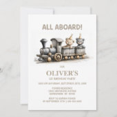 Invitation Train Teddy Bear en Bois Rustique pour 1er Anniver (Devant)