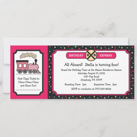 Invitation Train Ticket Birthday Party - Hot Pink et Back (Devant)