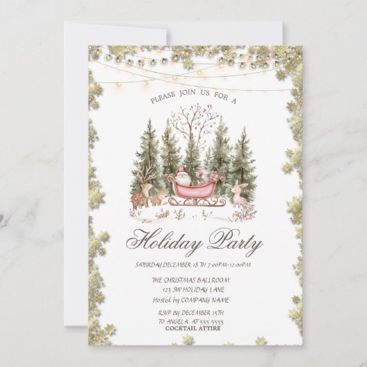 Invitation Traîneau de Noël Forêt Étoiles Dorées Fêtes (Devant)