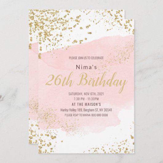 Invitation Trait d'aquarelle rose poudré avec paillettes doré (Devant / Derrière)