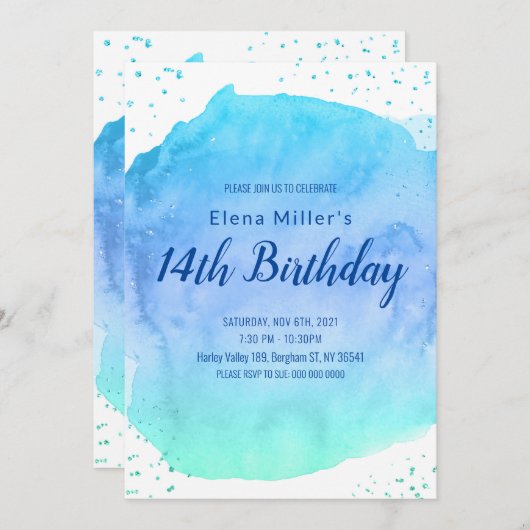 Invitation Trait de pinceau aquarelle bleu doré pailleté (Devant / Derrière)