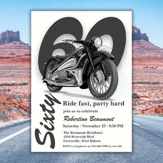 Invitation Trajet en moto classique grise - 60 ans