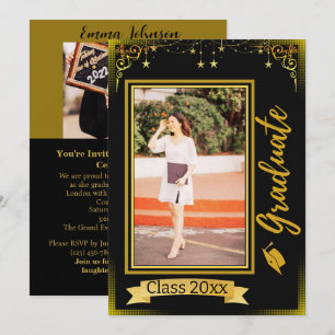 Invitation Trame Verticale Or et Noir 2 Diplôme Photo