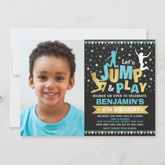 Invitation Trampoline Anniversaire Jump Bounce Blue Gold (Devant)