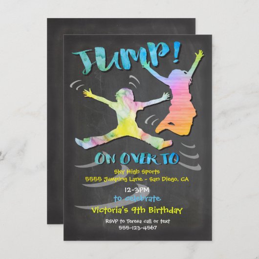 Invitation Trampoline fête d'anniversaire pour garçon ou fill (Devant / Derrière)