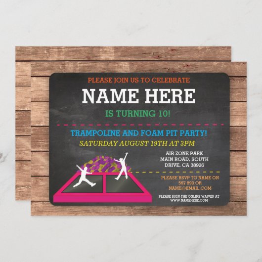 Invitation Trampoline Foam Pit Jump Party Anniversaire Amusan (Devant / Derrière)