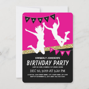 Invitation Trampoline Park Fille Anniversaire de enfant rose