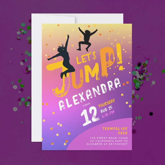Invitation Trampoline saute moderne couleur violet rose pour 