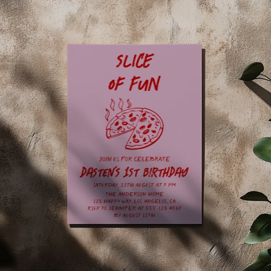 Invitation Tranche de Fun Pizza d'anniversaire minimal rouge