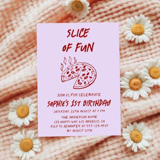 Invitation Tranche de Fun Pizza d'anniversaire minimale rouge