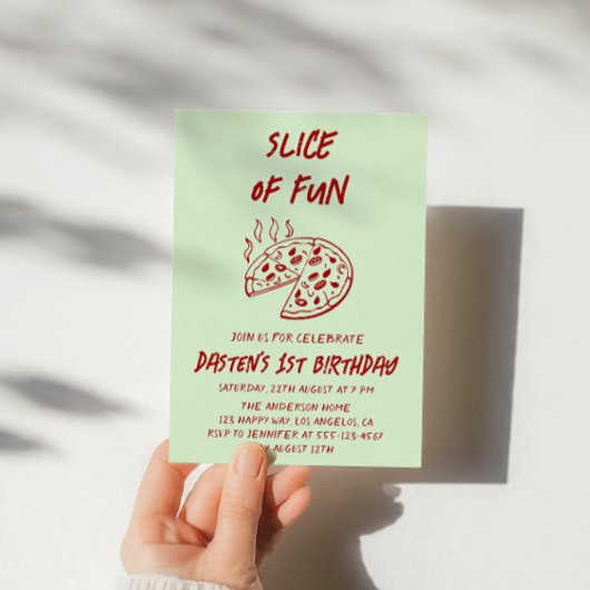 Invitation Tranche de Fun Pizza d'anniversaire minimale rouge