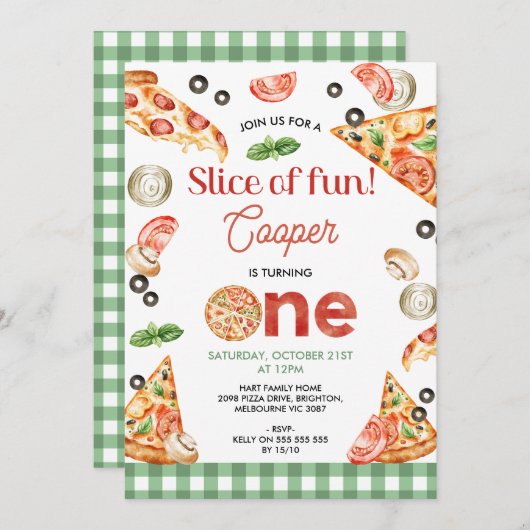 Invitation Tranches De Pizza Verte Moderne Plaid Pour Un 1er (Devant / Derrière)
