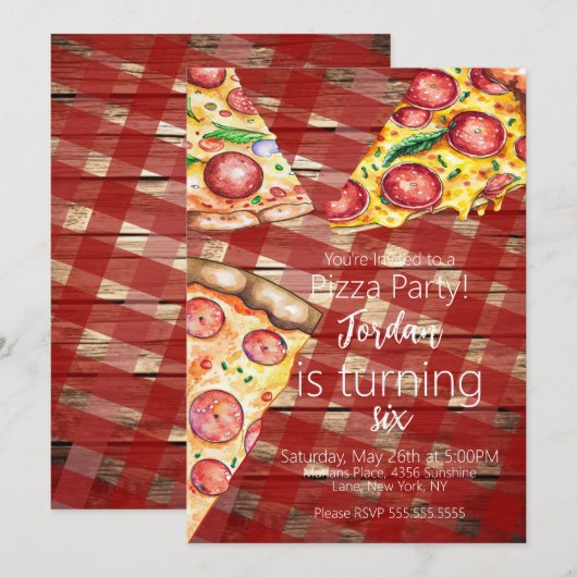 Invitation Tranches de tarte pizza aquarelle Script de fête d (Devant / Derrière)