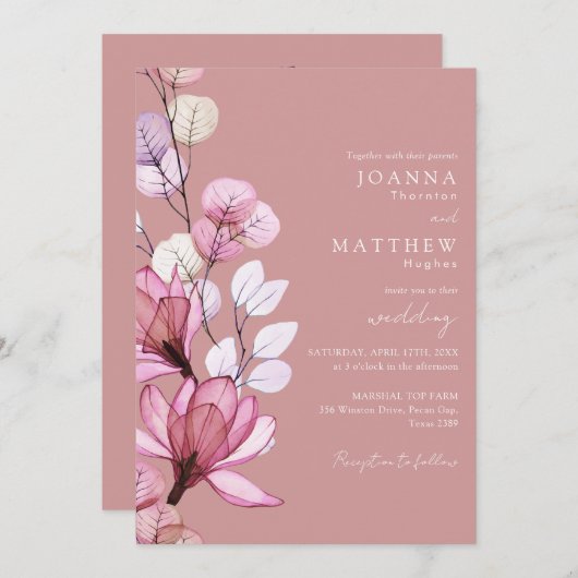 Invitation Transparent Floral QR Code Dusty Rose Mariage (Devant / Derrière)
