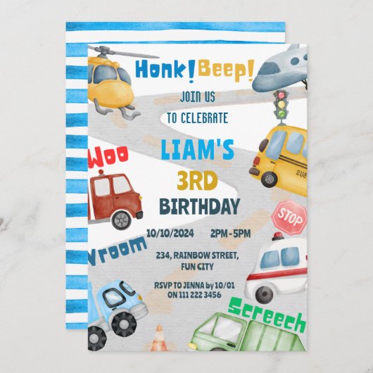 Invitation Transport Avion Hélicoptère Autobus Anniversaire (Devant / Derrière)