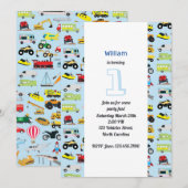 Invitation Transport coloré et véhicules Anniversaire (Devant / Derrière)