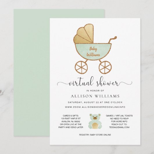 Invitation Transport rétro du Baby shower virtuel Pastel Gree (Devant / Derrière)