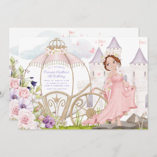 Invitation Transport royal | Red Haired Princess Anniversaire (Devant / Derrière)