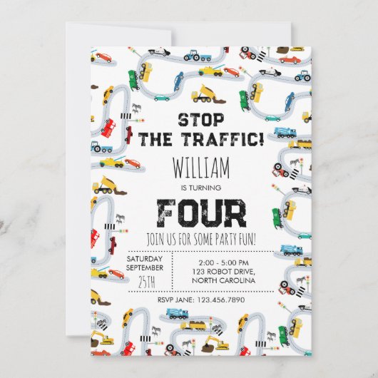 Invitation Transport Voitures Camions Arrêt Trafic Anniversai (Devant)