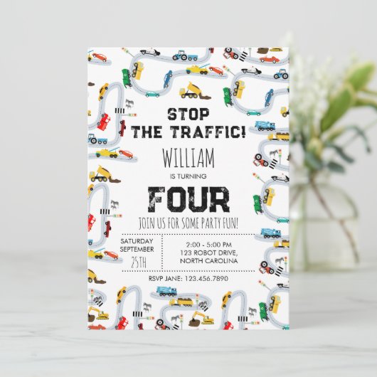 Invitation Transport Voitures Camions Arrêt Trafic Anniversai (Debout devant)