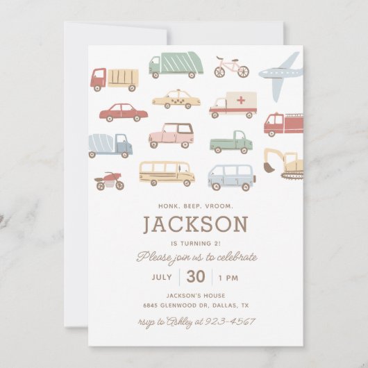 Invitation Transport Voitures et Camions Garçon fête d'annive (Devant)