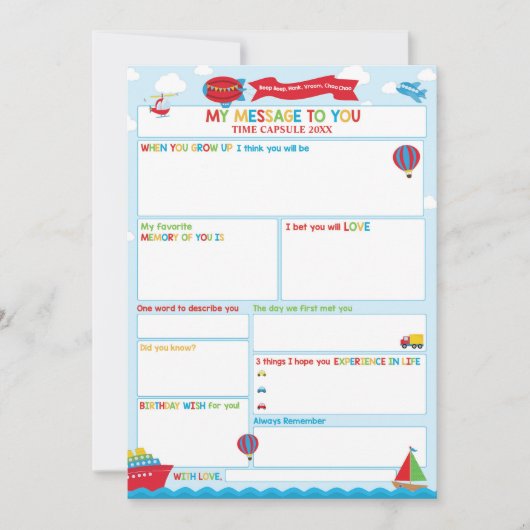 Invitation Transportation Activity Time Capsule Message Card  (Devant)