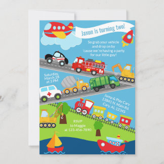 Invitation Transportation vehicles boy birthday invite.