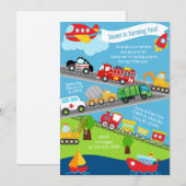Invitation Transportation vehicles boy birthday invite. (Devant / Derrière)