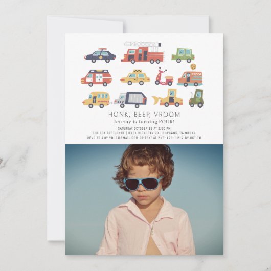 Invitation Transports Ville Voitures Camions Photo Anniversai (Devant)