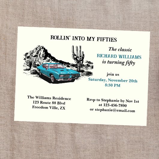 Invitation Travel Vintage Car Desert 50th Birthday Party