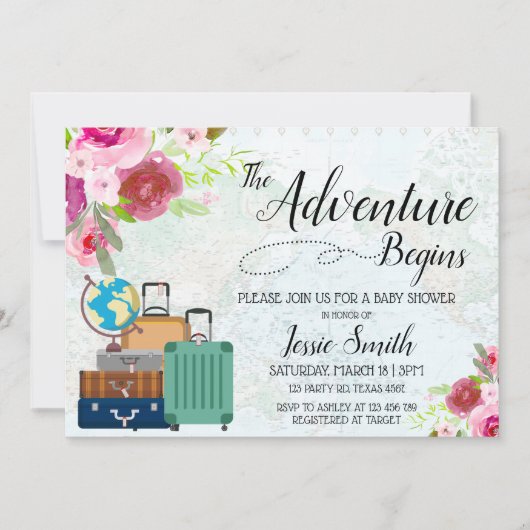 Invitation Travel Worldmap Baby shower Adventure commence RSV (Devant)