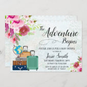 Invitation Travel Worldmap Baby shower Adventure commence RSV (Devant / Derrière)